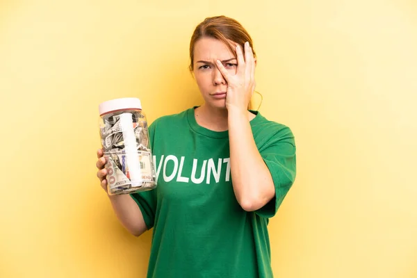 Pretty Blonde Young Woman Feeling Bored Frustrated Sleepy Tiresome Donation — Stok fotoğraf