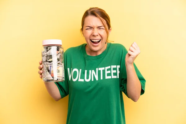 Pretty Blonde Young Woman Shouting Aggressively Angry Expression Donation Volunteer — Stock Photo, Image