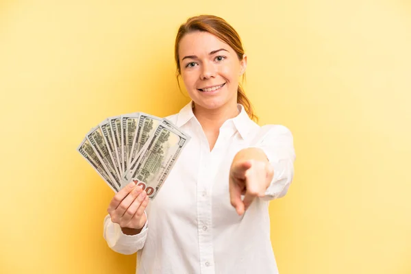 Pretty Blonde Young Woman Pointing Camera Choosing You Dollar Banknotes — Stock Photo, Image