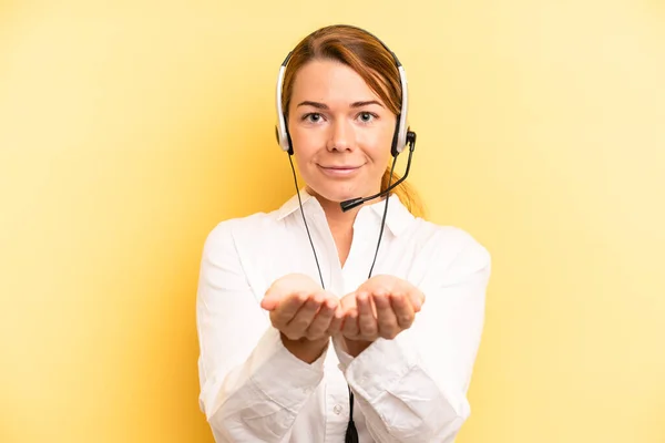 Pretty Blonde Young Woman Smiling Happily Friendly Offering Showing Concept — Stock Photo, Image