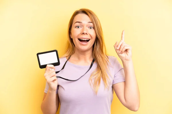 Pretty Blonde Young Woman Feeling Happy Excited Genius Realizing Idea — Stock Photo, Image