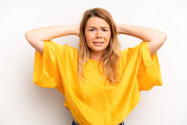 Blonde Pretty Woman Feeling Stressed Worried Anxious Scared Hands Head — Stock Photo, Image