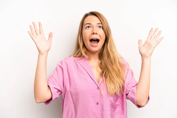 Blonde Pretty Woman Feeling Happy Amazed Lucky Surprised Celebrating Victory — Stock Photo, Image