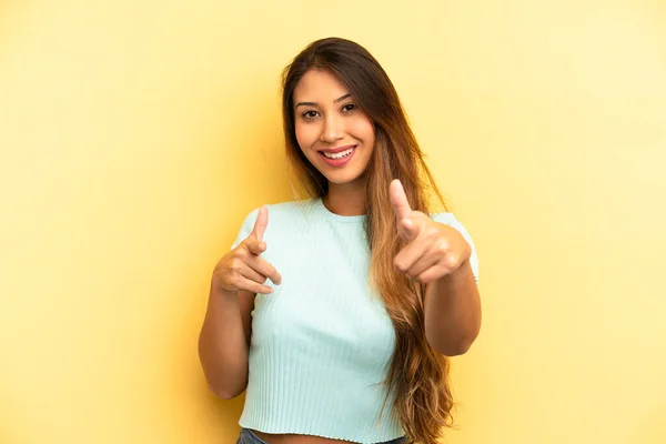 Asian Pretty Woman Smiling Positive Successful Happy Attitude Pointing Camera — Stock Photo, Image