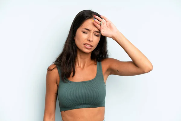 Hispanic Pretty Woman Looking Stressed Tired Frustrated Drying Sweat Forehead — Stock Photo, Image