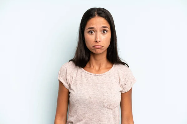 Hispanic Pretty Woman Feeling Sad Stressed Upset Because Bad Surprise — Stock Photo, Image