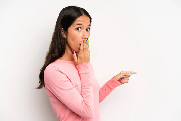 Hispanic Pretty Woman Feeling Happy Shocked Surprised Covering Mouth Hand — Stock Photo, Image