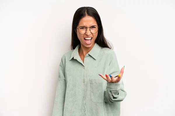 Mujer Bonita Hispana Mirando Enojado Molesto Frustrado Gritando Wtf Que — Foto de Stock