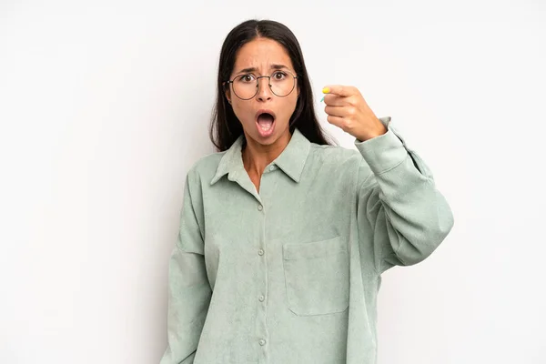 Hispanic Pretty Woman Pointing Camera Angry Aggressive Expression Looking Furious — Stock Photo, Image