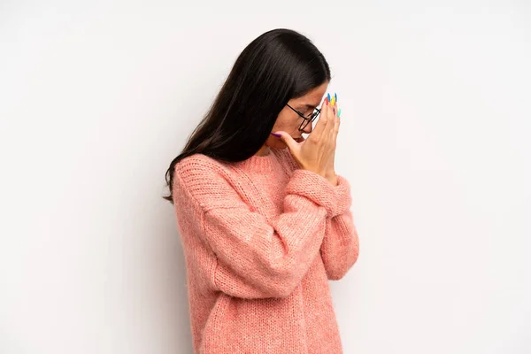 Hispanic Pretty Woman Covering Eyes Hands Sad Frustrated Look Despair — Stock Photo, Image