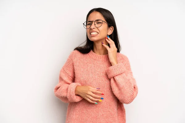 Hispanic Pretty Woman Feeling Stressed Frustrated Tired Rubbing Painful Neck — Stock Photo, Image