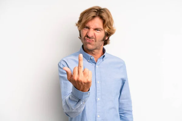 Blond Adult Man Feeling Angry Annoyed Rebellious Aggressive Flipping Middle — Stock Photo, Image