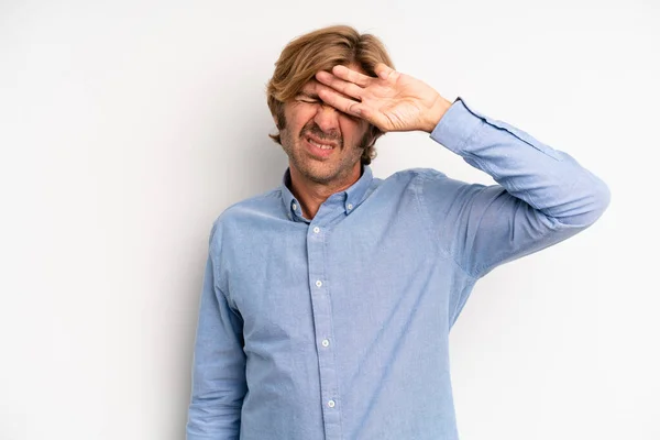 Blond Adult Man Looking Stressed Tired Frustrated Drying Sweat Forehead —  Fotos de Stock