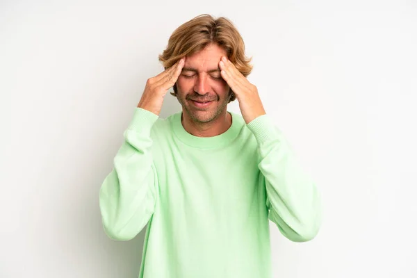 Blond Adult Man Looking Stressed Frustrated Working Pressure Headache Troubled —  Fotos de Stock