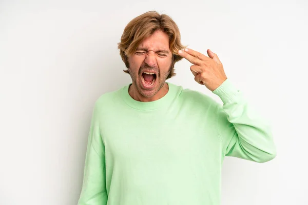 Blond Adult Man Looking Unhappy Stressed Suicide Gesture Making Gun — Stock Photo, Image