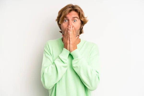 Blond Adult Man Happy Excited Surprised Amazed Covering Mouth Hands —  Fotos de Stock