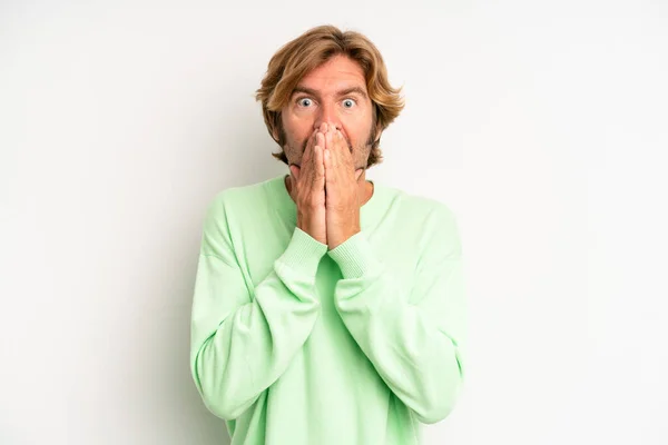 Blond Adult Man Feeling Worried Upset Scared Covering Mouth Hands —  Fotos de Stock