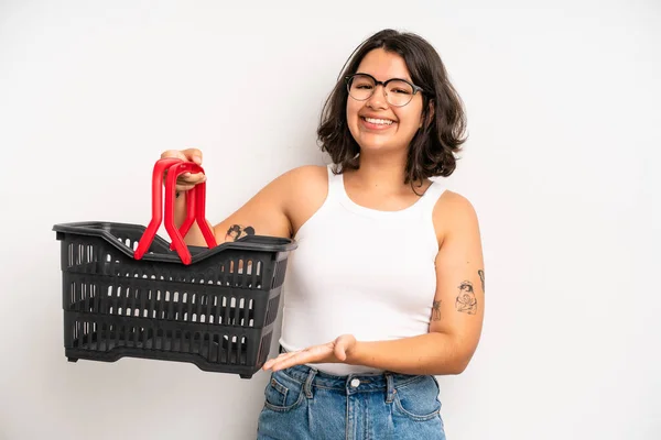 Hispanic Pretty Girl Smiling Cheerfully Feeling Happy Showing Concept Empty — Foto Stock