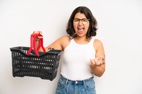 Hispanic Pretty Girl Looking Angry Annoyed Frustrated Empty Shopping Basket — Stockfoto