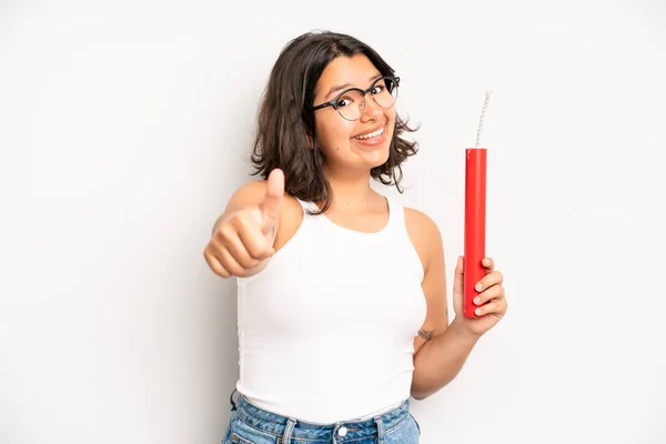 Hispanic Pretty Girl Feeling Proud Smiling Positively Thumbs Dynamite Concept — Stock Photo, Image