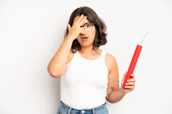Hispanic Pretty Girl Looking Shocked Scared Terrified Covering Face Hand — Stockfoto