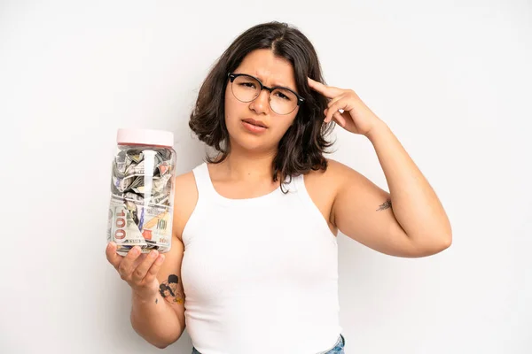 Hispanic Pretty Girl Smiling Cheerfully Feeling Happy Showing Concept Dollar — Foto Stock