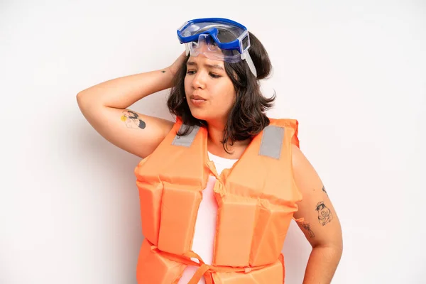 Hispanic Pretty Girl Feeling Cross Showing Thumbs Life Jacket Concept — Stock Photo, Image