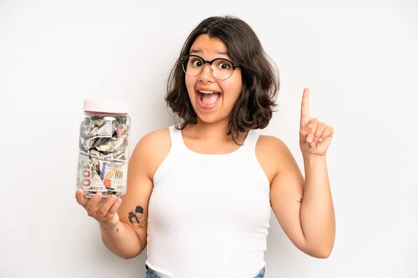 Hispanic Pretty Girl Feeling Shocked Laughing Celebrating Success Dollar Banknotes — Foto Stock