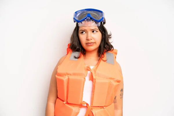Hispanic Pretty Girl Looking Angry Annoyed Frustrated Life Jacket Concept — Stock Photo, Image