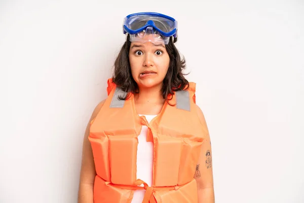 Hispanic Pretty Girl Feeling Disgusted Irritated Tongue Out Life Jacket — Stock Photo, Image