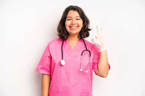 Hispanic Pretty Girl Looking Happy Astonished Surprised Nurse Concept —  Fotos de Stock