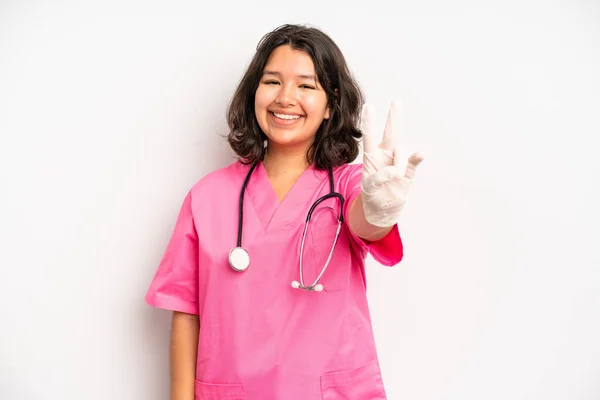 Hispanic Pretty Girl Smiling Happily Friendly Offering Showing Concept Nurse — Stock Fotó