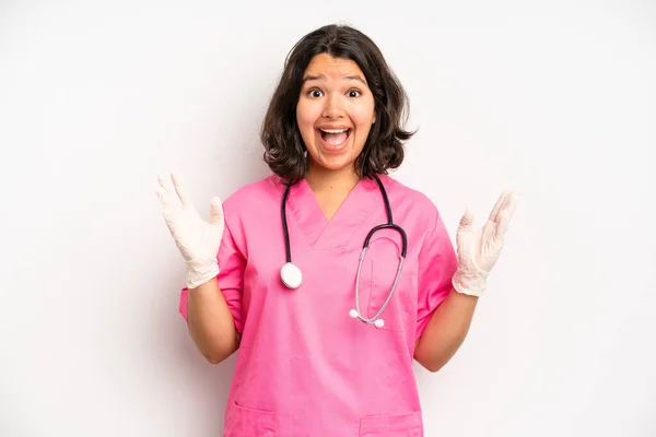 Hispanic Pretty Girl Smiling Proudly Confidently Making Number One Nurse — ストック写真