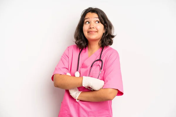 Hispanic Pretty Girl Smiling Looking Friendly Showing Number Three Nurse — ストック写真