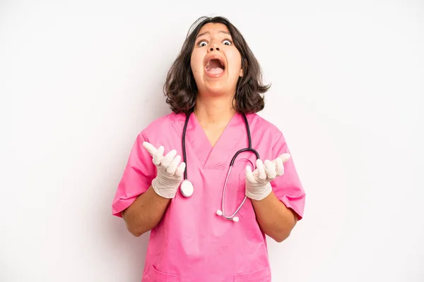 Hispanic Pretty Girl Screaming Hands Air Nurse Concept — Foto Stock