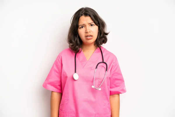 Hispanic Pretty Girl Feeling Extremely Shocked Surprised Nurse Concept — Foto Stock