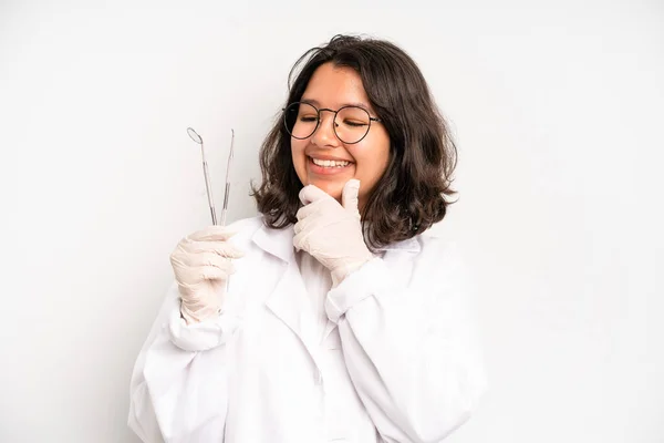 Hispanic Pretty Girl Feeling Proud Smiling Positively Thumbs Dentist Student — Foto de Stock