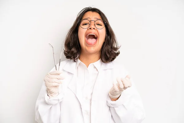 Hispanic Pretty Girl Looking Happy Pleasantly Surprised Dentist Student Concept — Fotografia de Stock