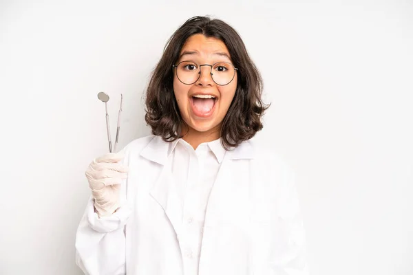 Hispanic Pretty Girl Screaming Hands Air Dentist Student Concept —  Fotos de Stock