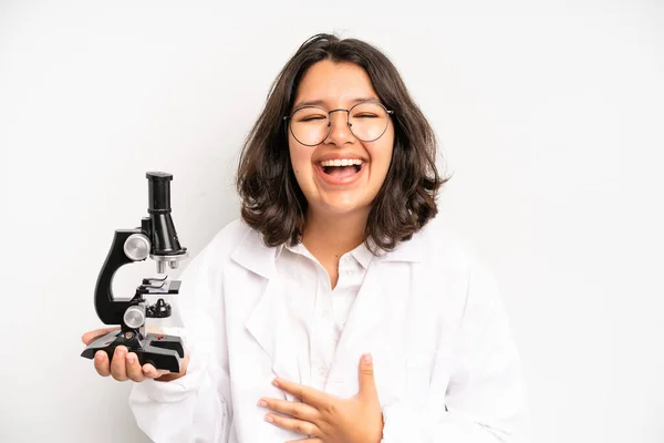 Hispanic Pretty Girl Feeling Shocked Laughing Celebrating Success Science Student — Foto de Stock