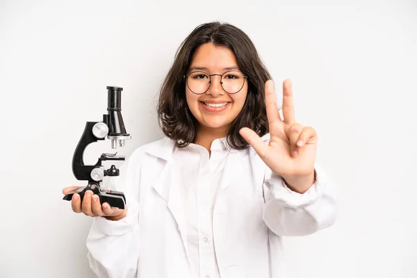 Hispanic Pretty Girl Smiling Cheerfully Feeling Happy Pointing Side Science — Stok fotoğraf