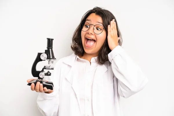 Hispanic Pretty Girl Covering Mouth Hands Shocked Science Student — Stockfoto