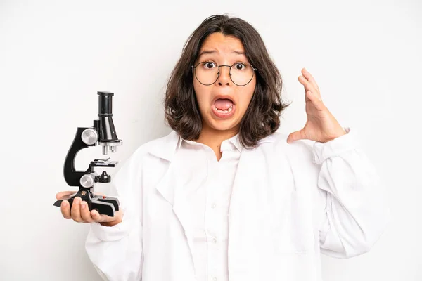 Hispanic Pretty Girl Shouting Aggressively Angry Expression Science Student — Foto de Stock