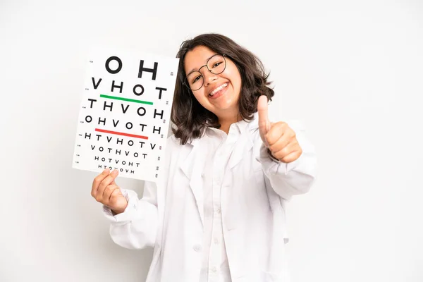 Hispanic Pretty Girl Looking Happy Astonished Surprised Optical Vision Test —  Fotos de Stock