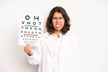 hispanic pretty girl thinking, feeling doubtful and confused. optical vision test concept