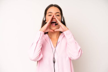 hispanic pretty woma looking puzzled and confused. telemarketer concept