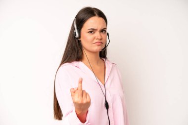 hispanic pretty woma feeling happy and facing a challenge or celebrating. telemarketer concept