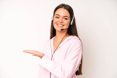 hispanic pretty woma feeling extremely shocked and surprised. telemarketer concept