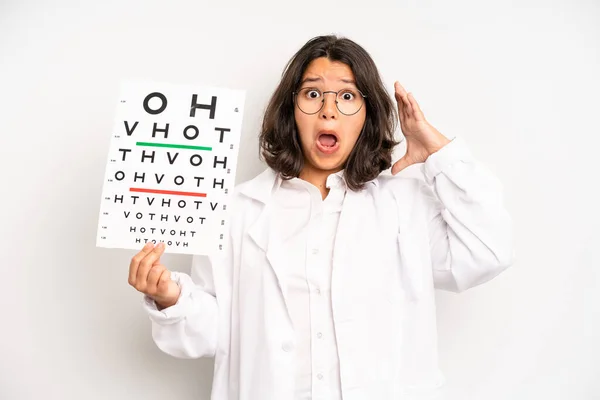Hispanic Pretty Girl Feeling Happy Excited Surprised Optical Vision Test —  Fotos de Stock