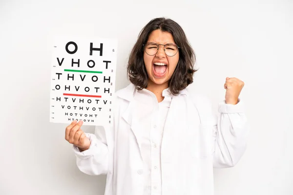 Hispanic Pretty Girl Covering Mouth Hands Shocked Optical Vision Test —  Fotos de Stock